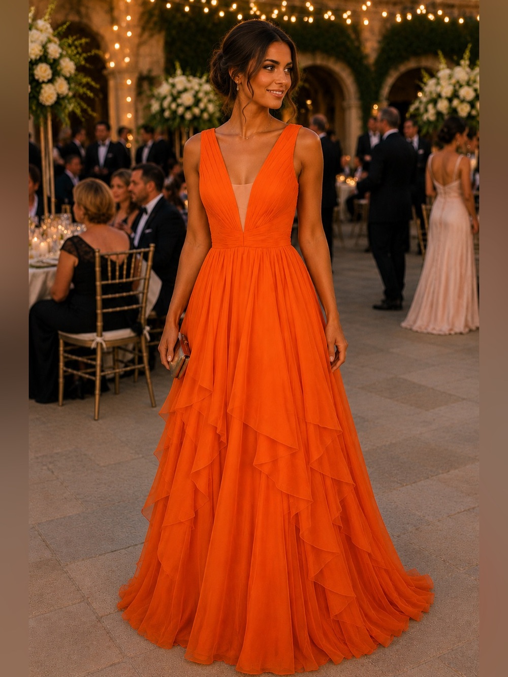 Source Unknown Orange V-Neck Layered Chiffon Prom Dress